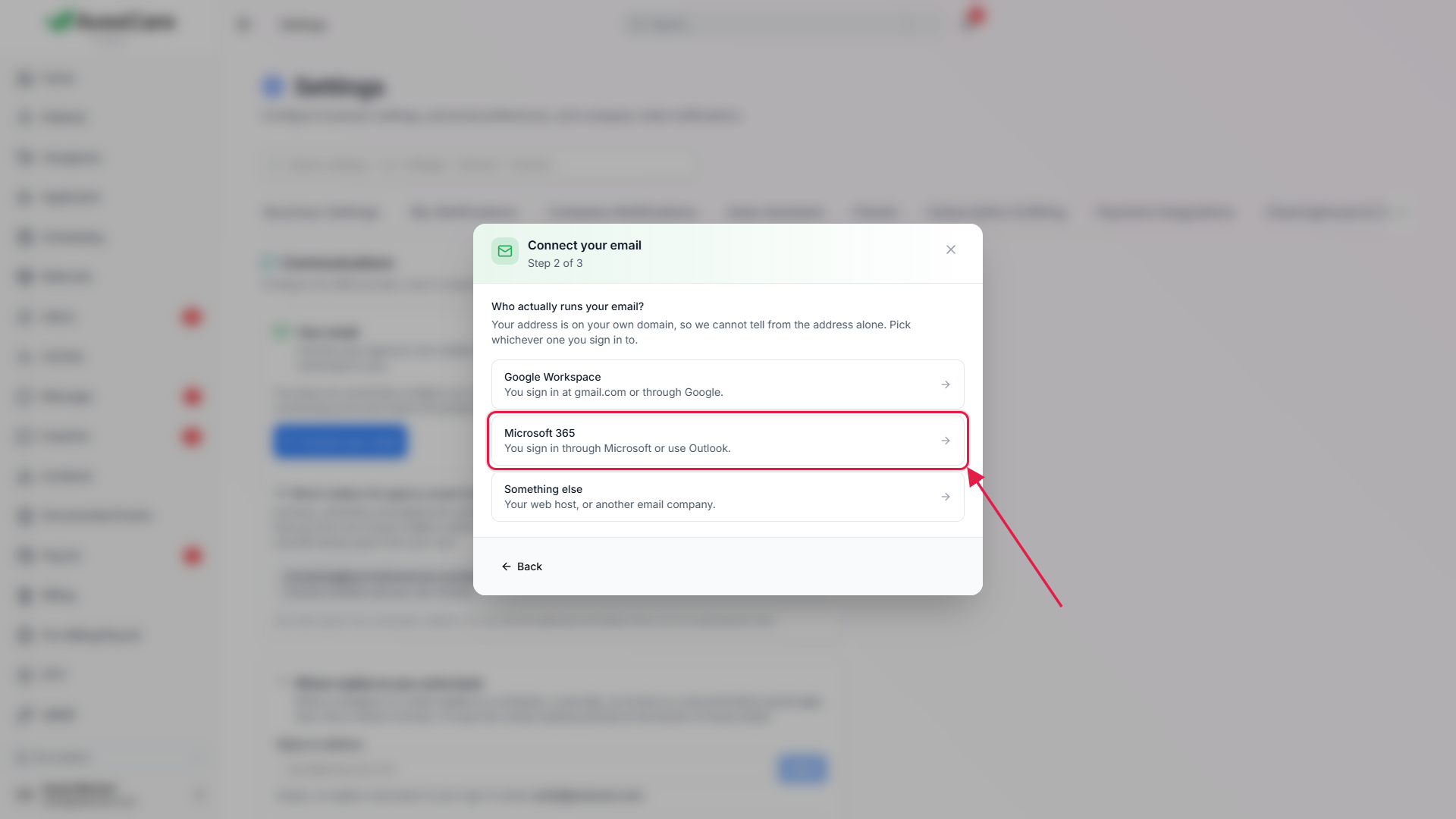 The Connect your email setup asking who actually runs the agency’s email, with Microsoft 365 and Google Workspace listed
