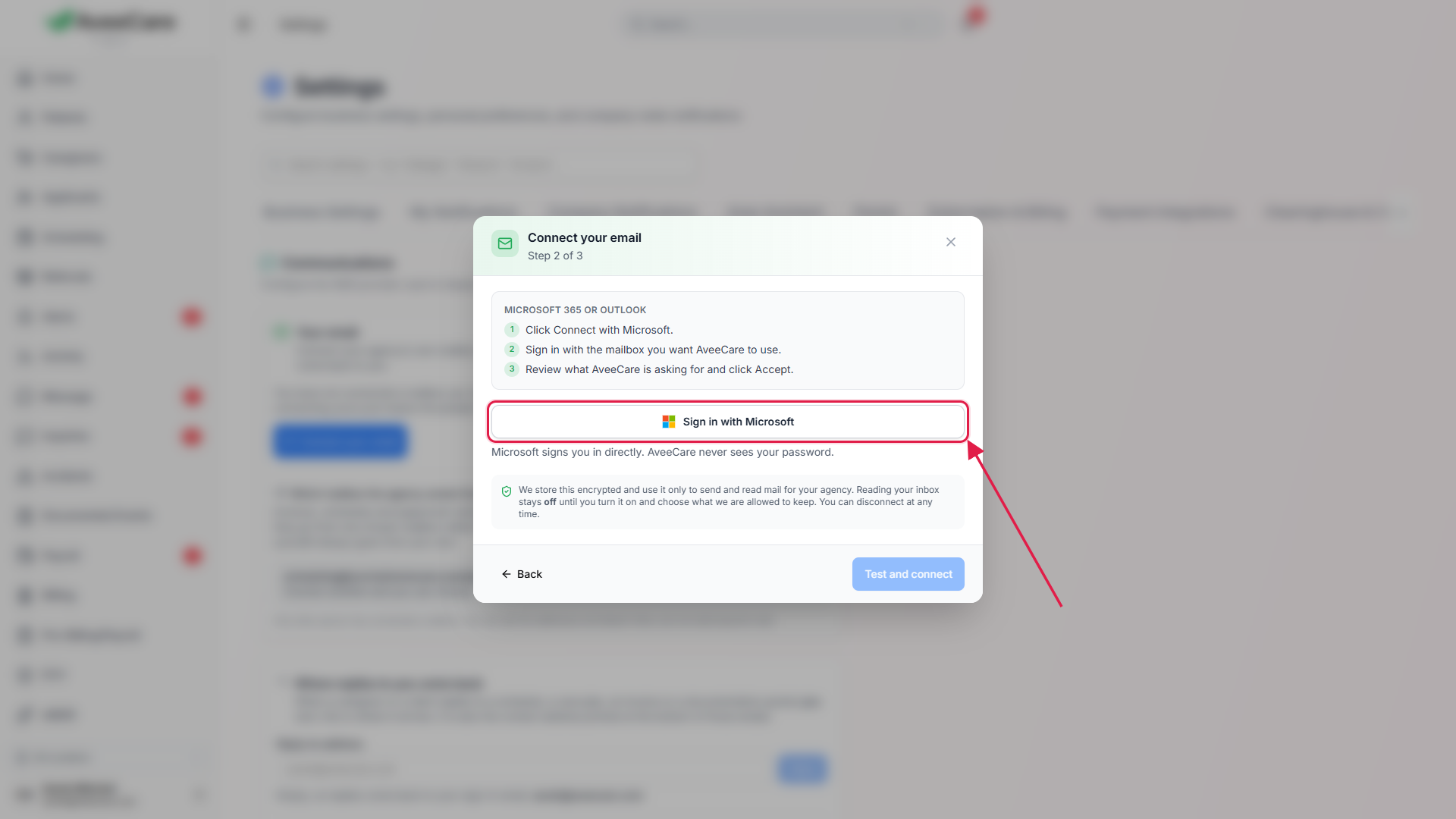 The Sign in with Microsoft button in the Connect your email setup