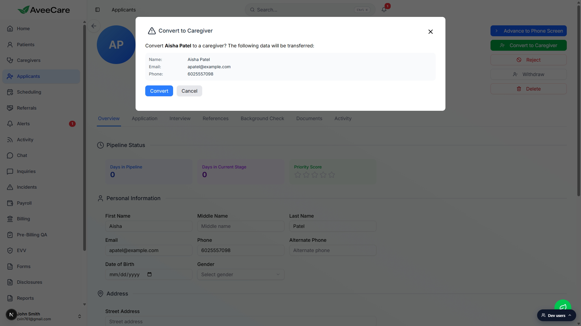 Convert to Caregiver confirmation dialog showing Name, Email, and Phone fields that will transfer, with Convert and Cancel buttons