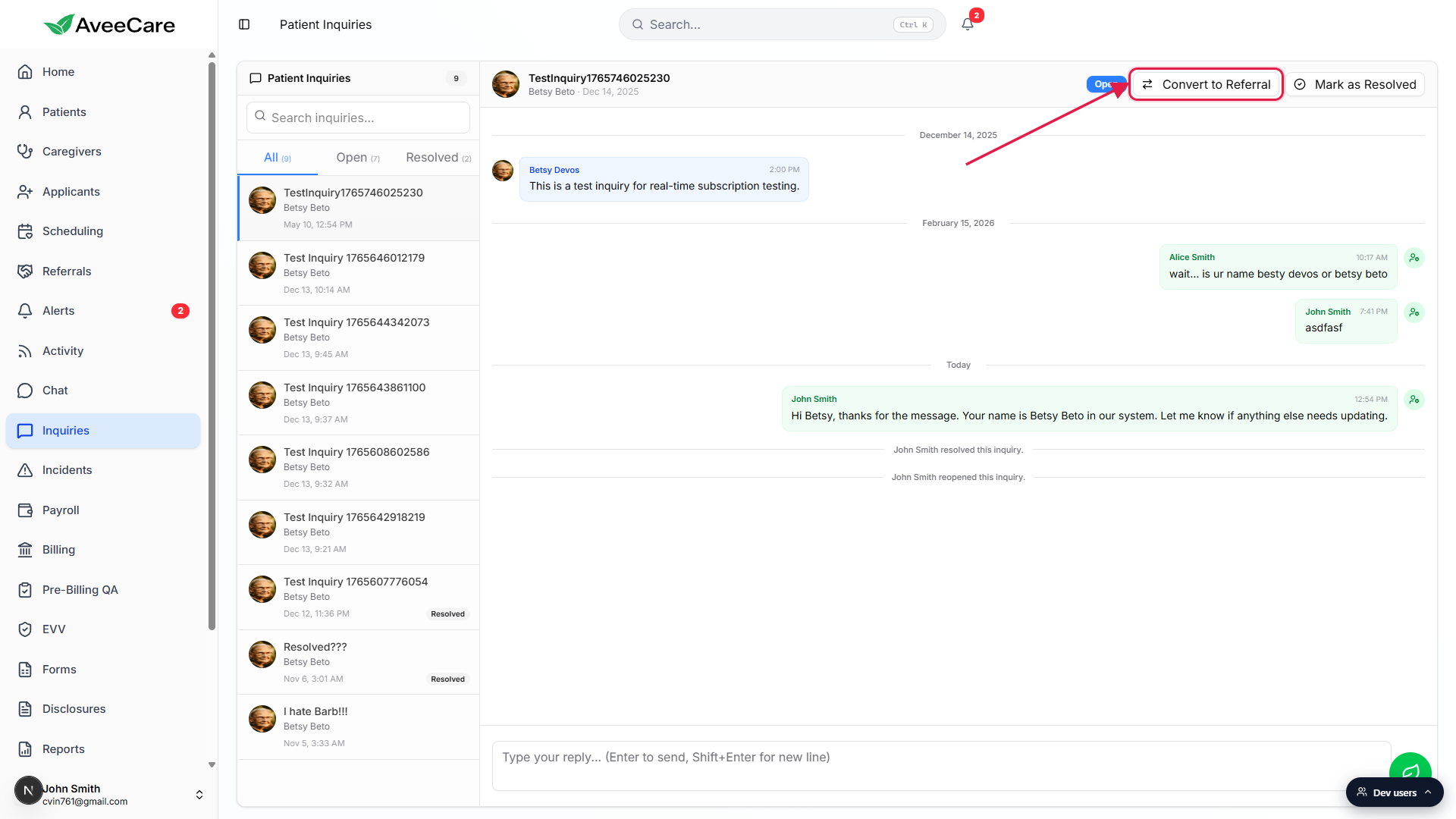 Inquiries page with an Open inquiry selected and the Convert to Referral button in the right-pane header highlighted with a red box and an arrow