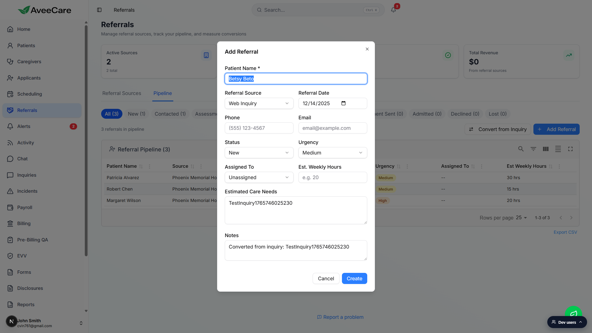 Add Referral modal pre-filled with Patient Name Betsy Beto, Referral Source Web Inquiry, the inquiry subject in Estimated Care Needs, and a Converted from inquiry note