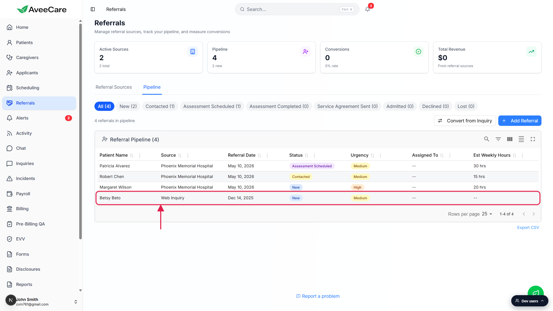 Referrals Pipeline table with the new Betsy Beto referral row and Web Inquiry source highlighted with a red box and an arrow pointing up at it