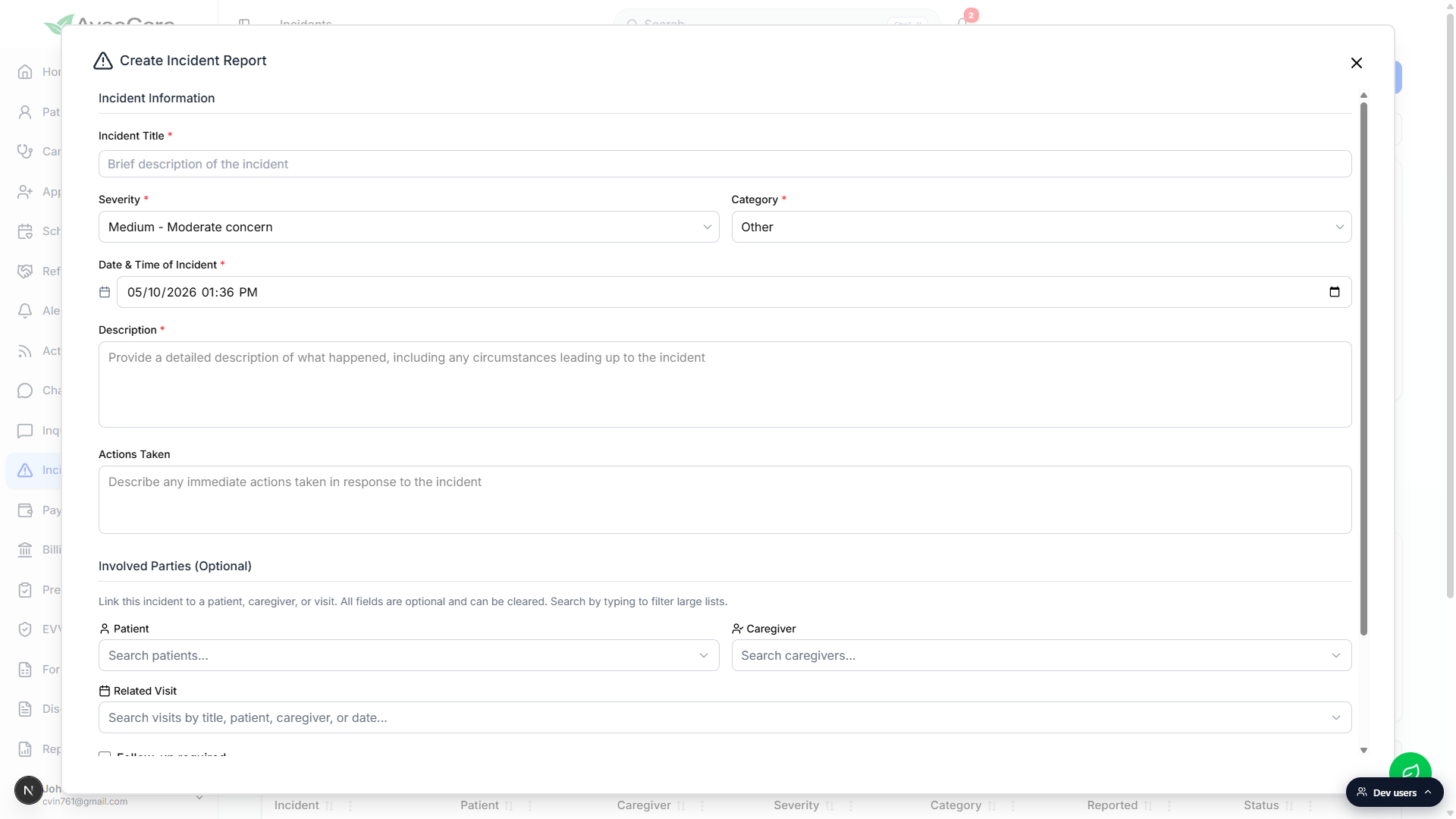 The Create Incident Report modal showing the Incident Information block: Incident Title, Severity, Category, Date and Time of Incident, Description, and Actions Taken