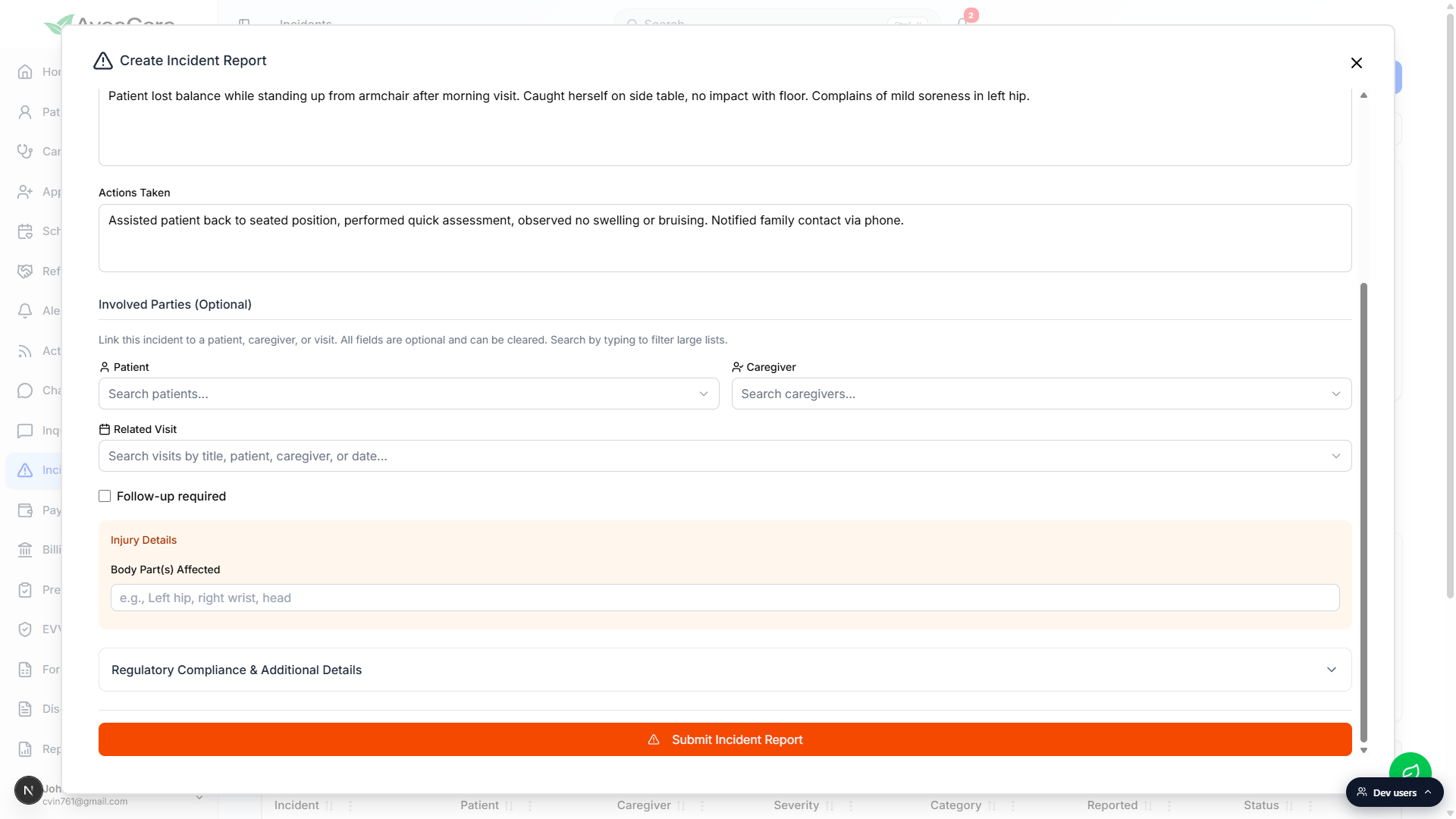 The Involved Parties section with Patient, Caregiver, and Related Visit selects, the Follow-up required checkbox, the Injury Details panel triggered by Category Fall, the Regulatory Compliance collapsible section, and the orange Submit Incident Report button at the bottom