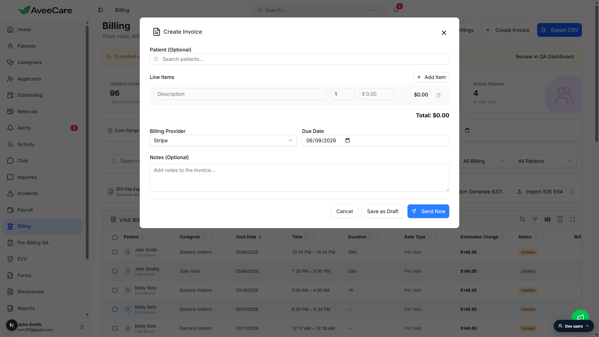 Create Invoice modal showing Patient (Optional) search, Line Items table with Description, Qty, unit price, Total, Billing Provider, Due Date, and Notes (Optional) fields, plus Cancel, Save as Draft, and Send Now buttons