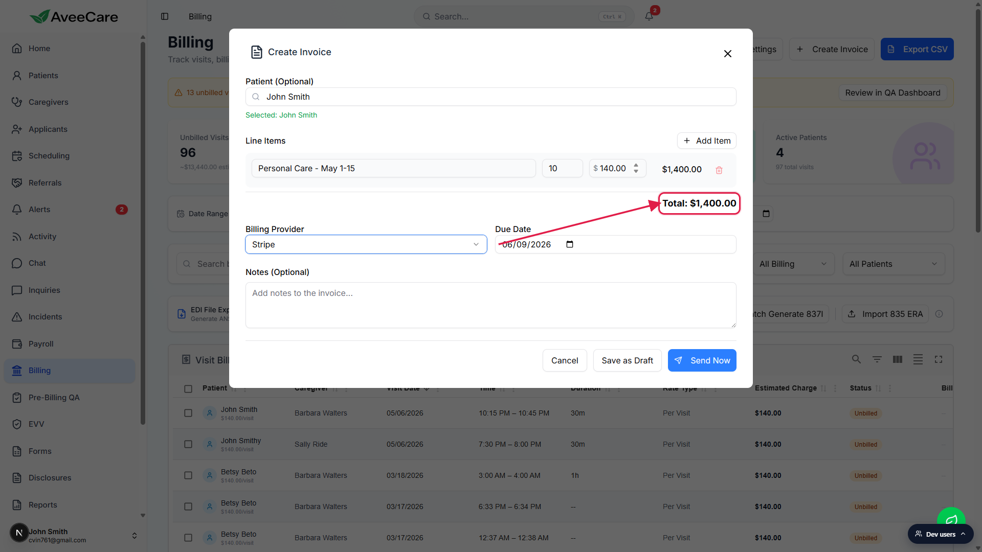 Create Invoice modal with patient John Smith selected, a Personal Care line item at 10 units of $140.00, and the Total $1,400.00 line highlighted in a red box