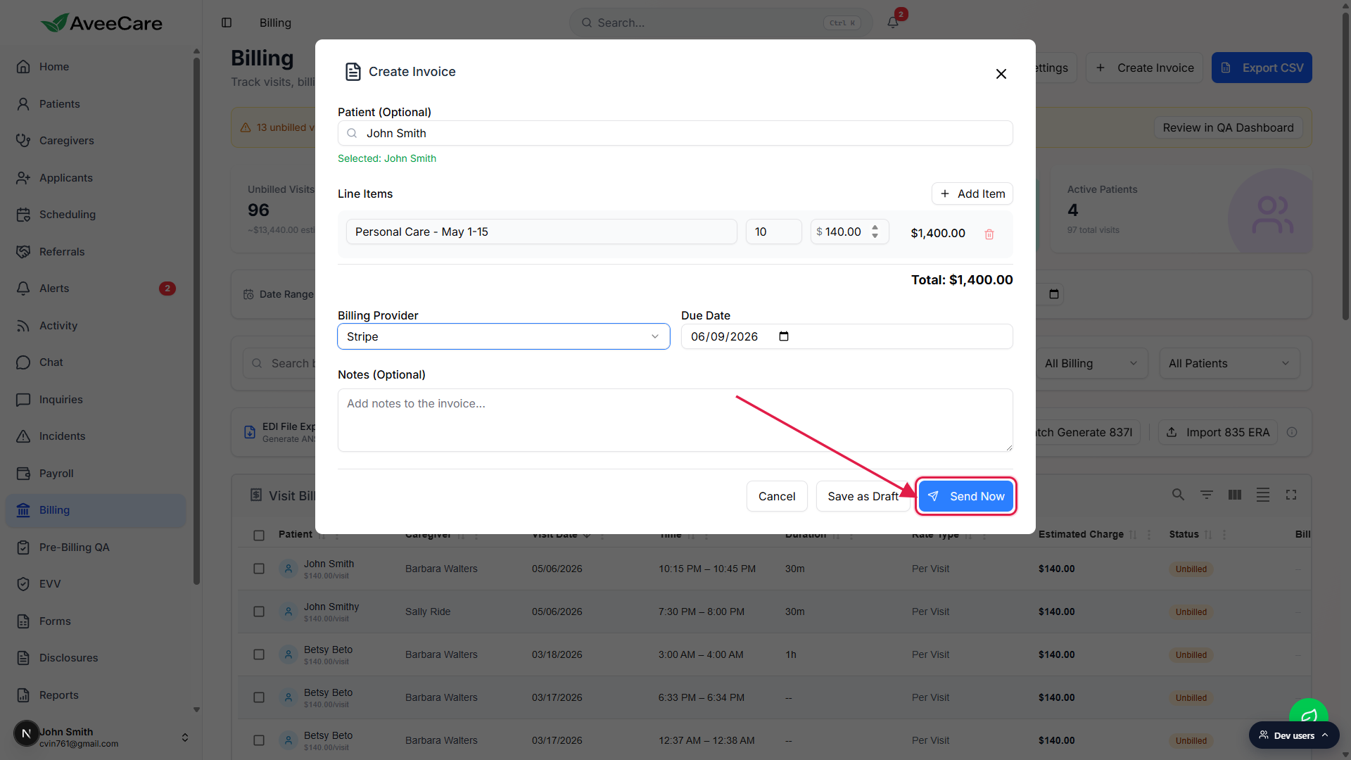 Action row at the bottom of the Create Invoice modal with Cancel, Save as Draft, and Send Now buttons; Send Now is highlighted in a red box