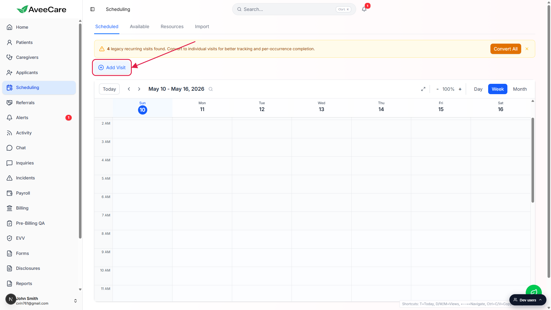 Add Visit button on the Scheduling page, called out with a red box and arrow