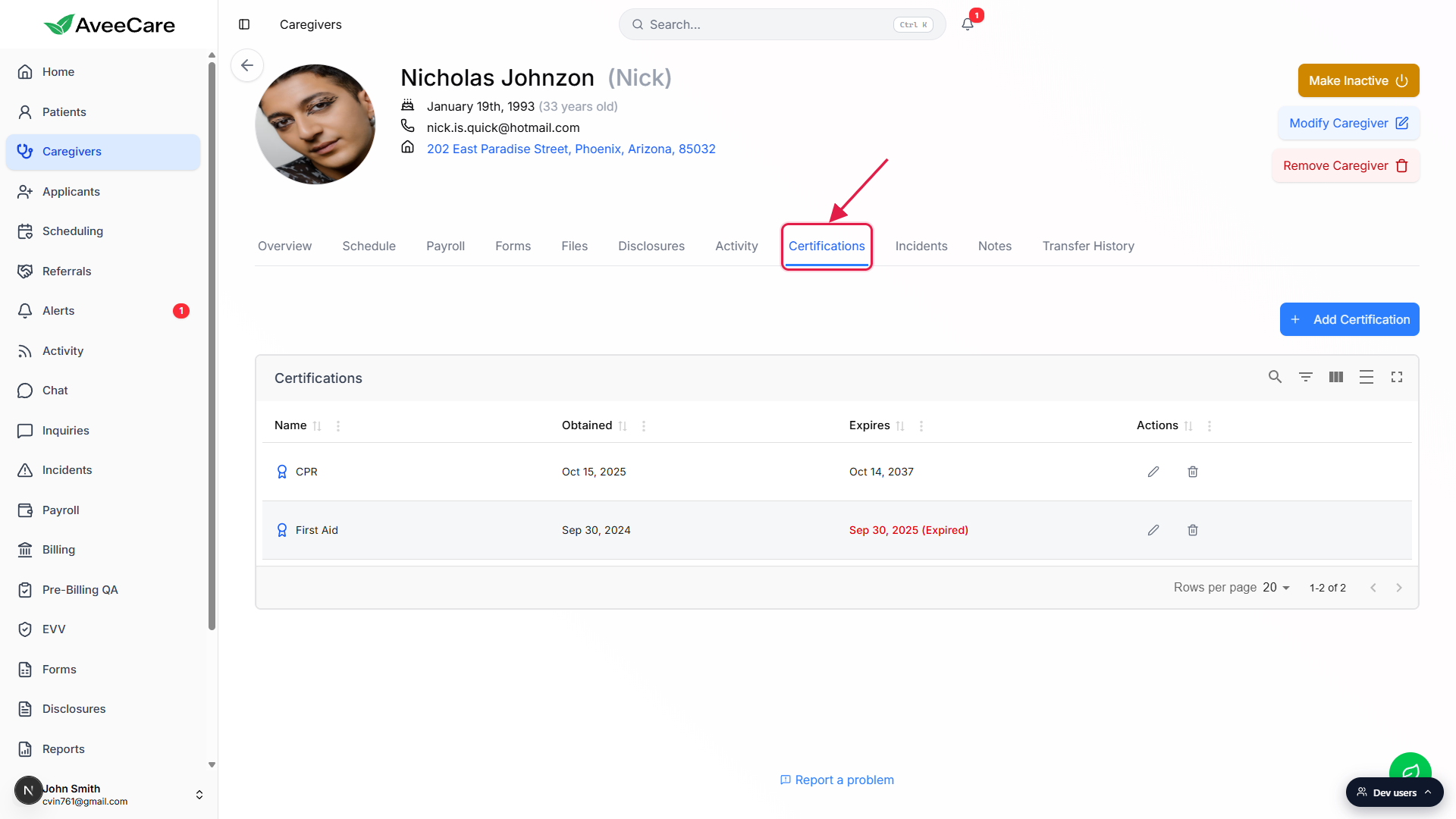 Nicholas Johnzon caregiver detail page with the Certifications tab outlined in red, showing CPR valid through 2037 and First Aid expired Sep 30 2025