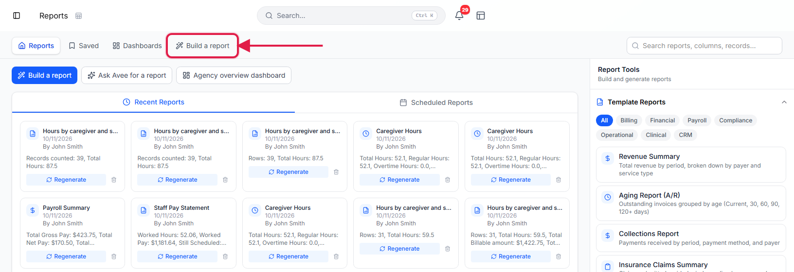 Reports page with Build a report in the top bar called out with a red box and arrow, beside Saved and Dashboards