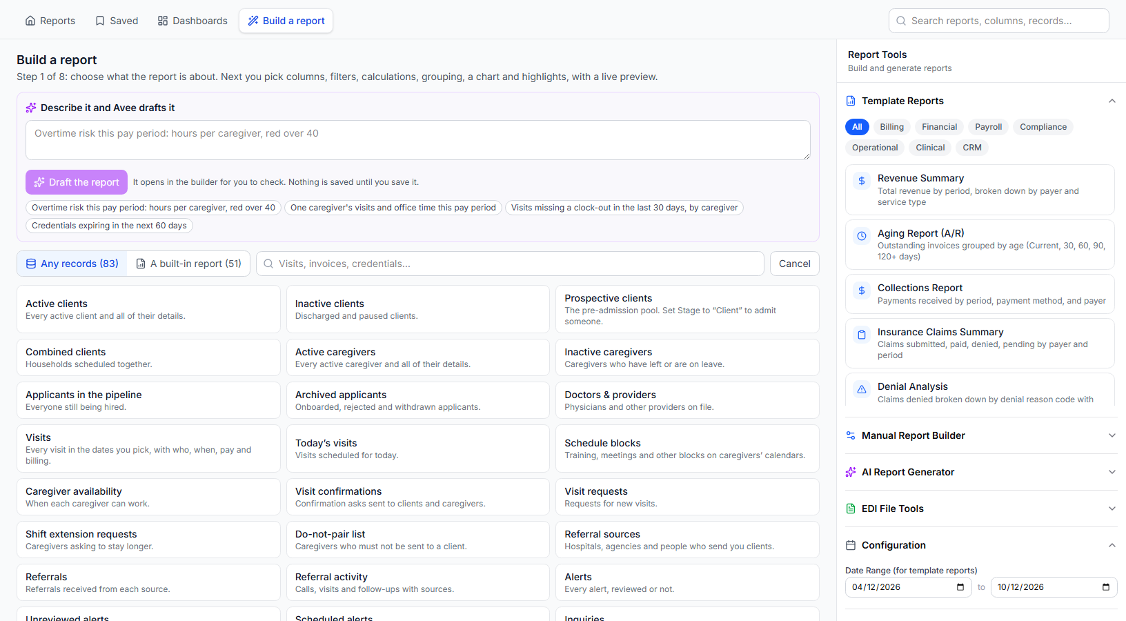 Build a report, step 1 of 8, with the Describe it and Avee drafts it box above the Any records and A built-in report tabs and a grid of record types