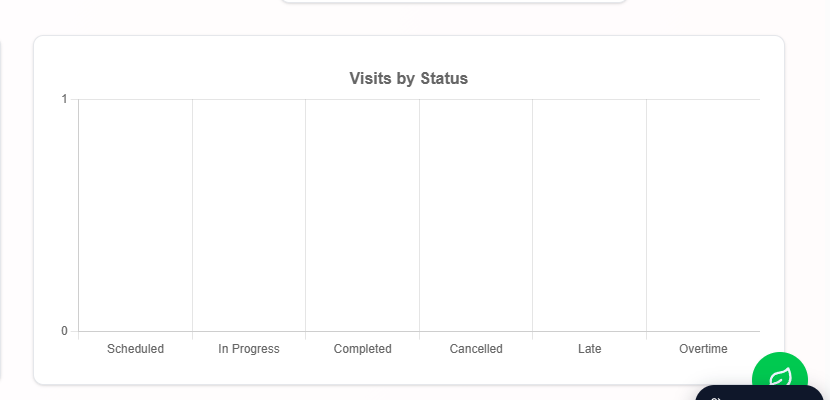 Visits by Status bar chart with x-axis categories Scheduled, In Progress, Completed, Cancelled, Late, Overtime and a y-axis topping out at 1