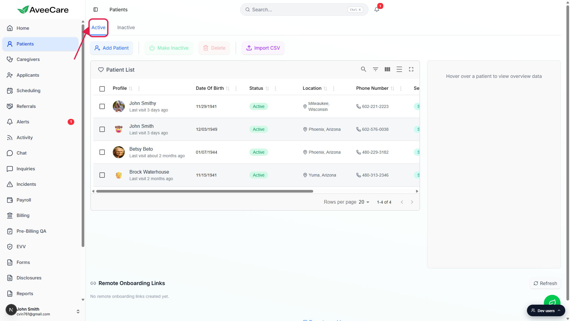 AveeCare Patients list page after clicking the Total Patients KPI tile, with a red box around the Active tab to show the default view