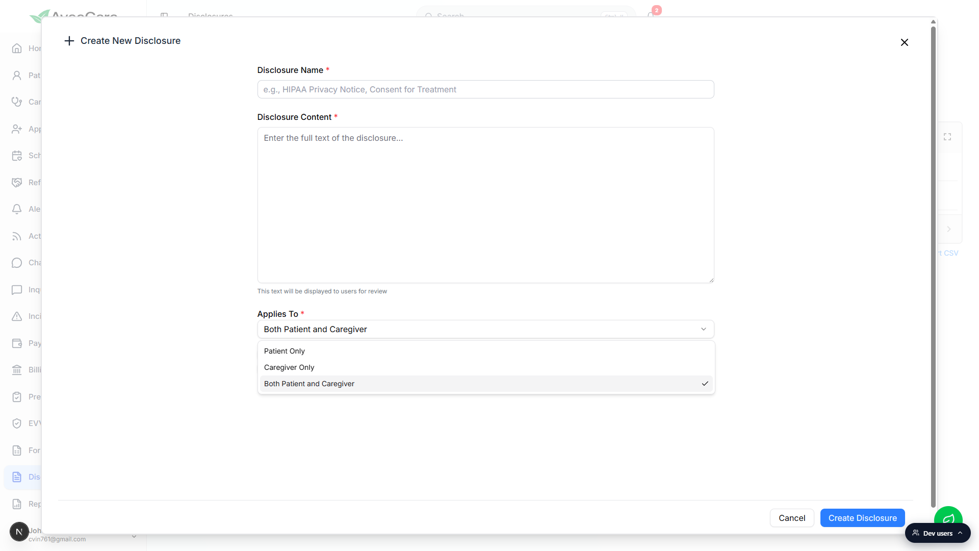 Applies To dropdown expanded inside the Create New Disclosure modal, showing the three options: Patient Only, Caregiver Only, and Both Patient and Caregiver with a check next to it.