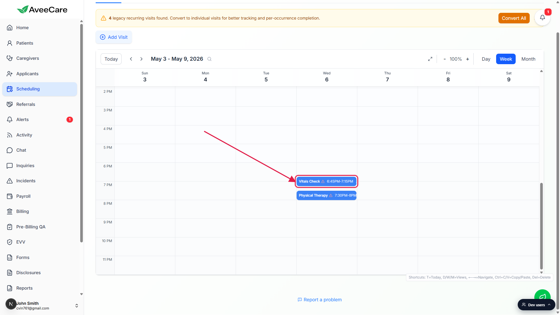 Week view of Scheduling with a Vitals Check visit highlighted by a red box, ready to drag