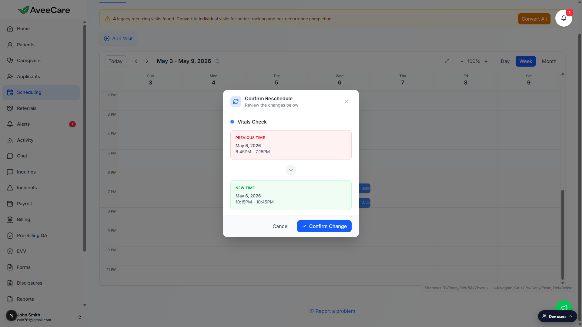 Confirm Reschedule modal showing Vitals Check moving from 6:45PM-7:15PM to 10:15PM-10:45PM with Cancel and Confirm Change buttons