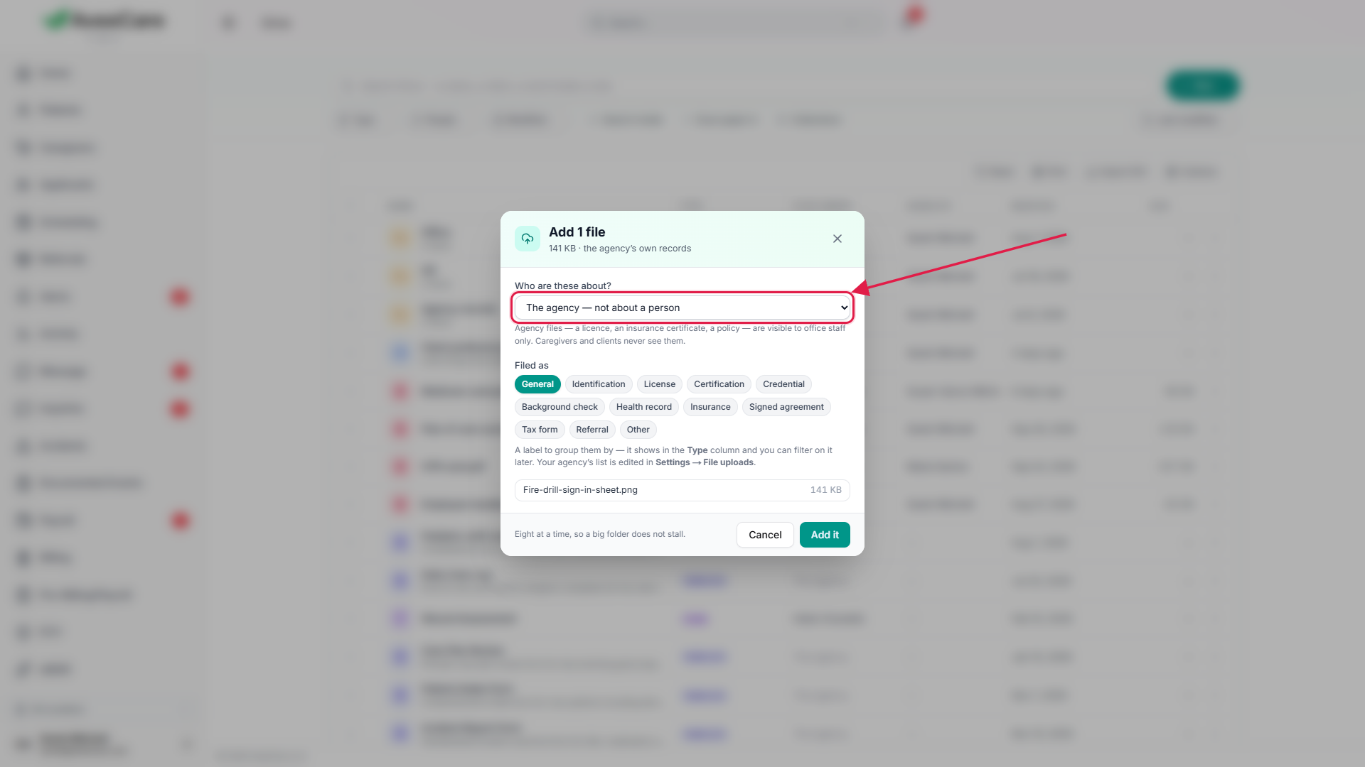 Uploading a file in Drive with The agency chosen as the owner