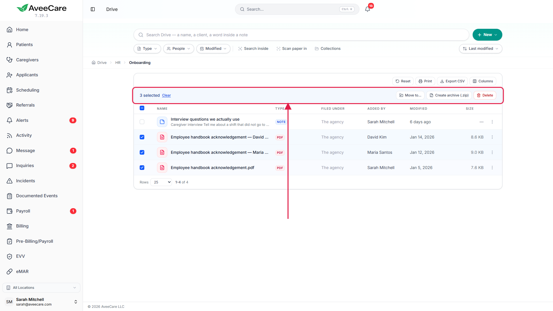 Drive in list view with three documents ticked and a folder trail across the top