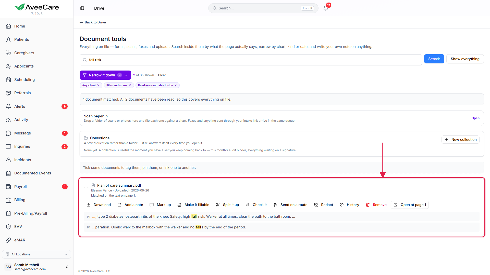 Drive search results for a phrase found inside a scanned document, with filter pills above the list