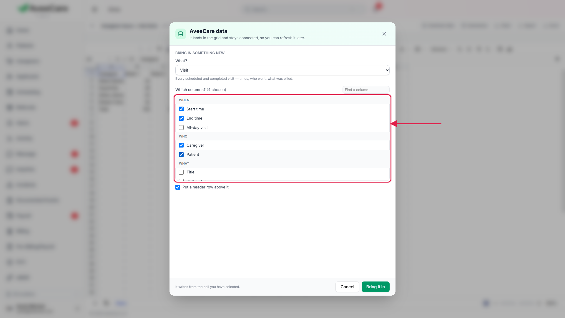 The AveeCare data panel in a Drive spreadsheet with visit columns ticked and the rows filled into the grid