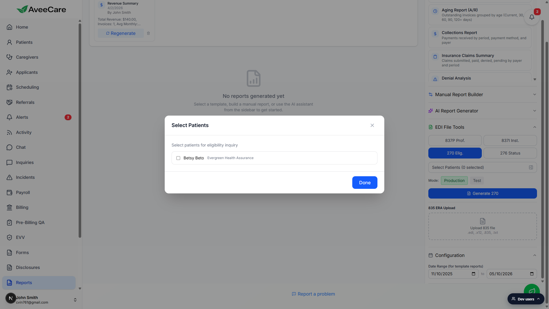 Select Patients modal showing one patient row, Betsy Beto with Evergreen Health Assurance, and a Done button at the bottom right