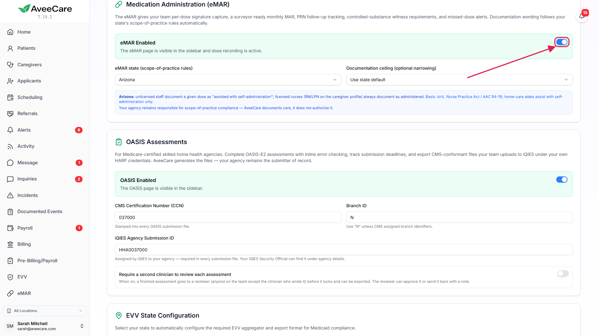 The Medication Administration (eMAR) card in Business Settings switched on