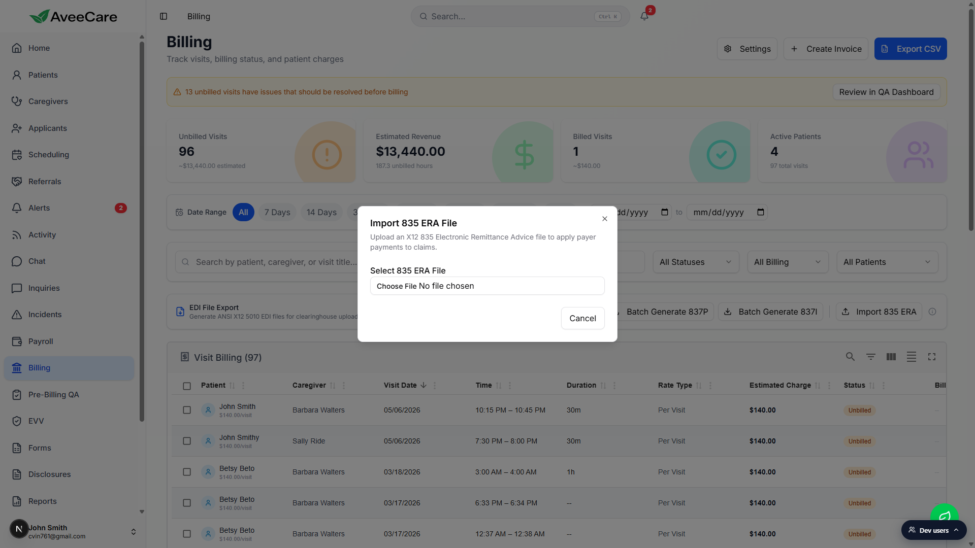 Import 835 ERA File modal with the Select 835 ERA File label and the Choose File picker visible