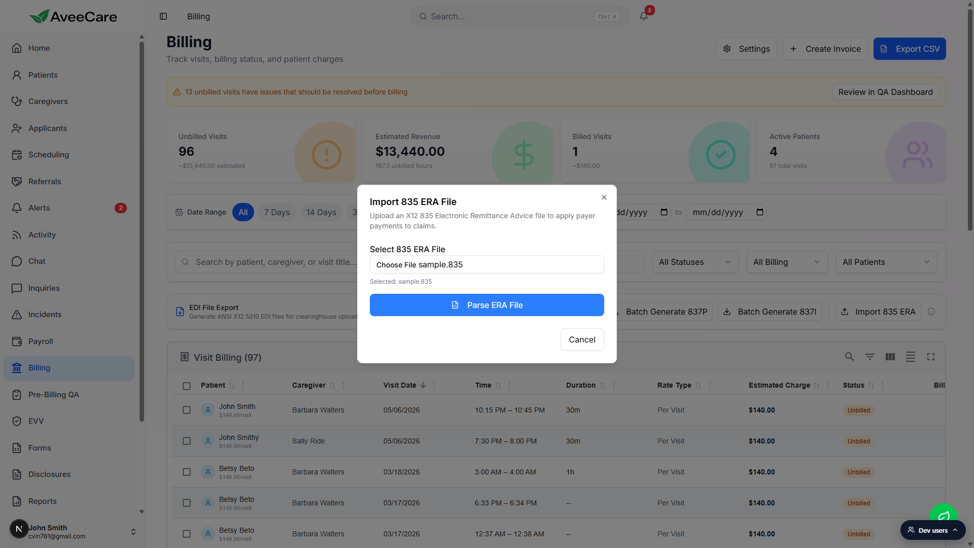 Import 835 ERA File modal with a sample.835 file selected, showing the blue Parse ERA File button