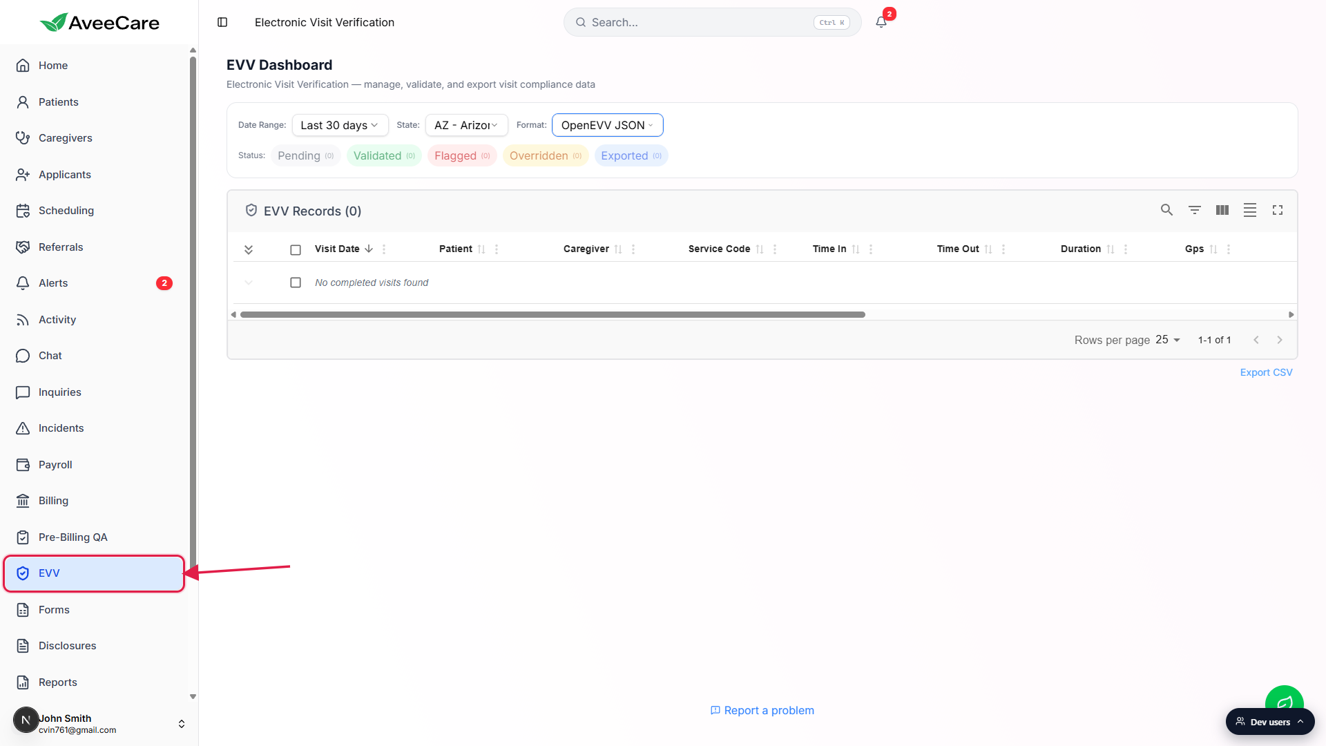 EVV dashboard at /evv, with the EVV item in the left sidebar called out with a red box and arrow. The page header reads Electronic Visit Verification and the body shows the EVV Dashboard title, the filter row, the Status chip row, and the EVV Records table empty state below.
