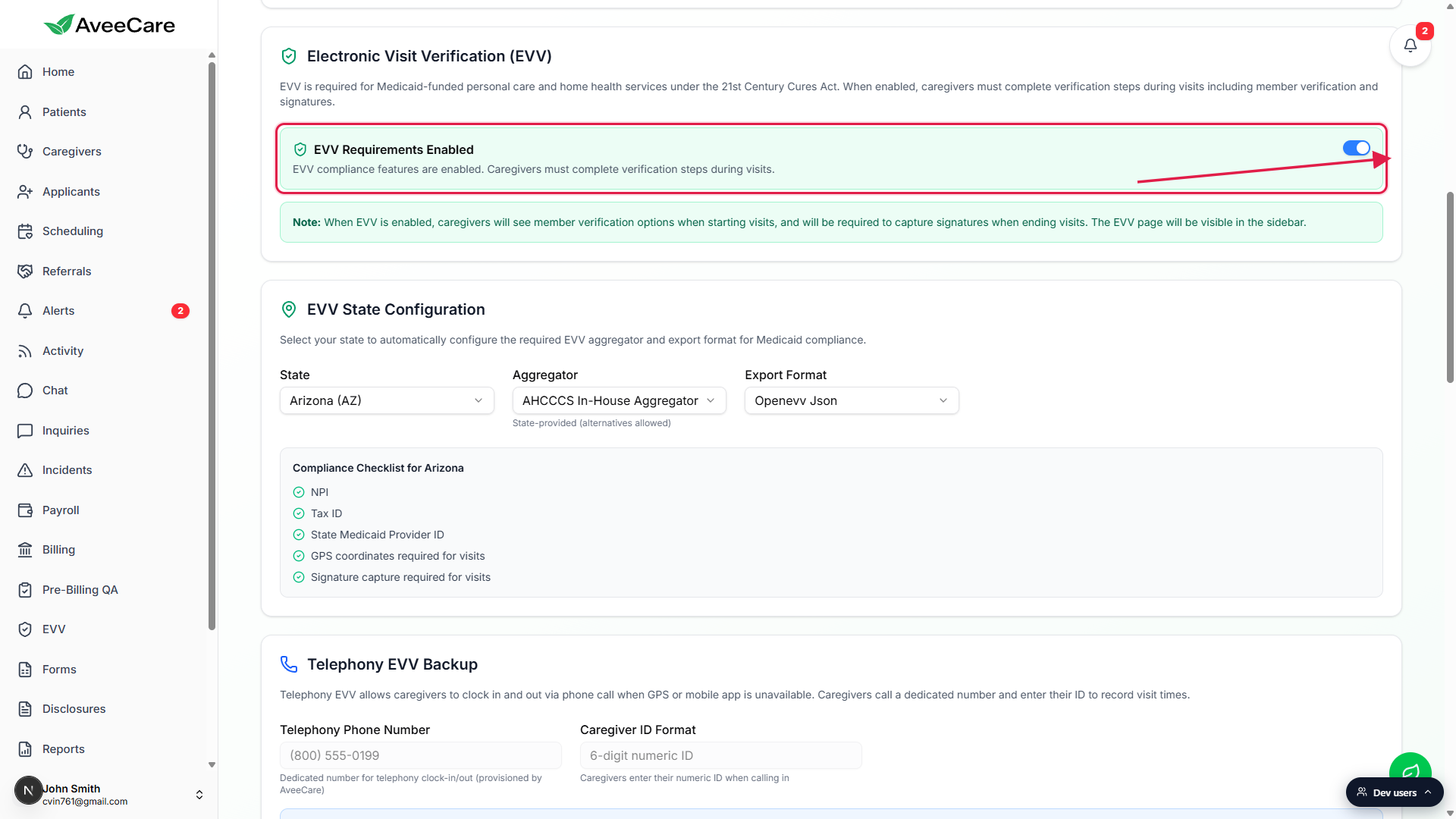 Electronic Visit Verification (EVV) section on the Business Settings tab. The EVV Requirements Enabled toggle row is called out with a red box and arrow. Below it the EVV State Configuration card has Arizona (AZ) selected with AHCCCS In-House Aggregator and Openevv Json filled in.