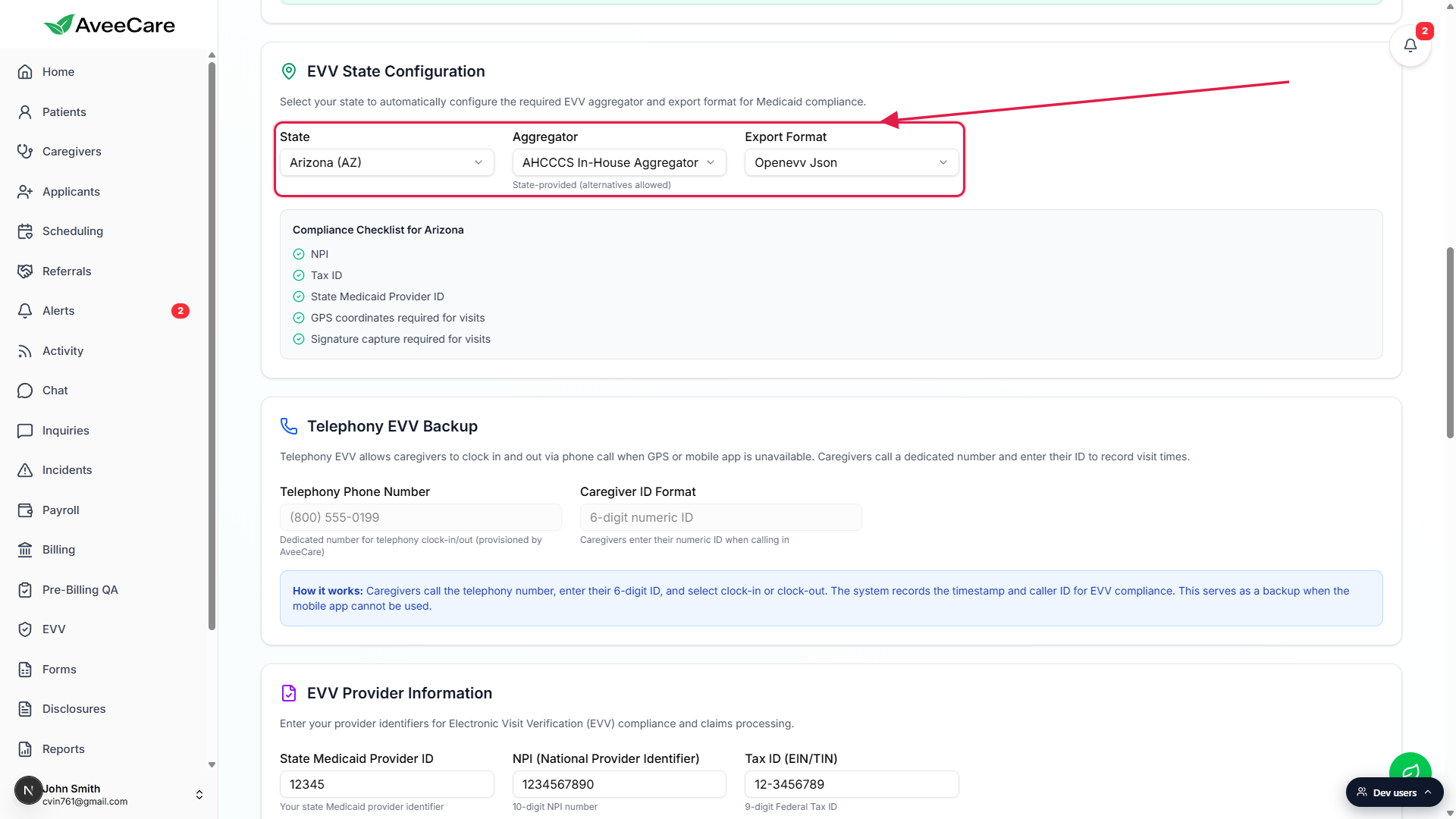 EVV State Configuration card with State, Aggregator, and Export Format dropdowns called out with a red box and arrow. State is Arizona (AZ), Aggregator is AHCCCS In-House Aggregator, Export Format is Openevv Json.