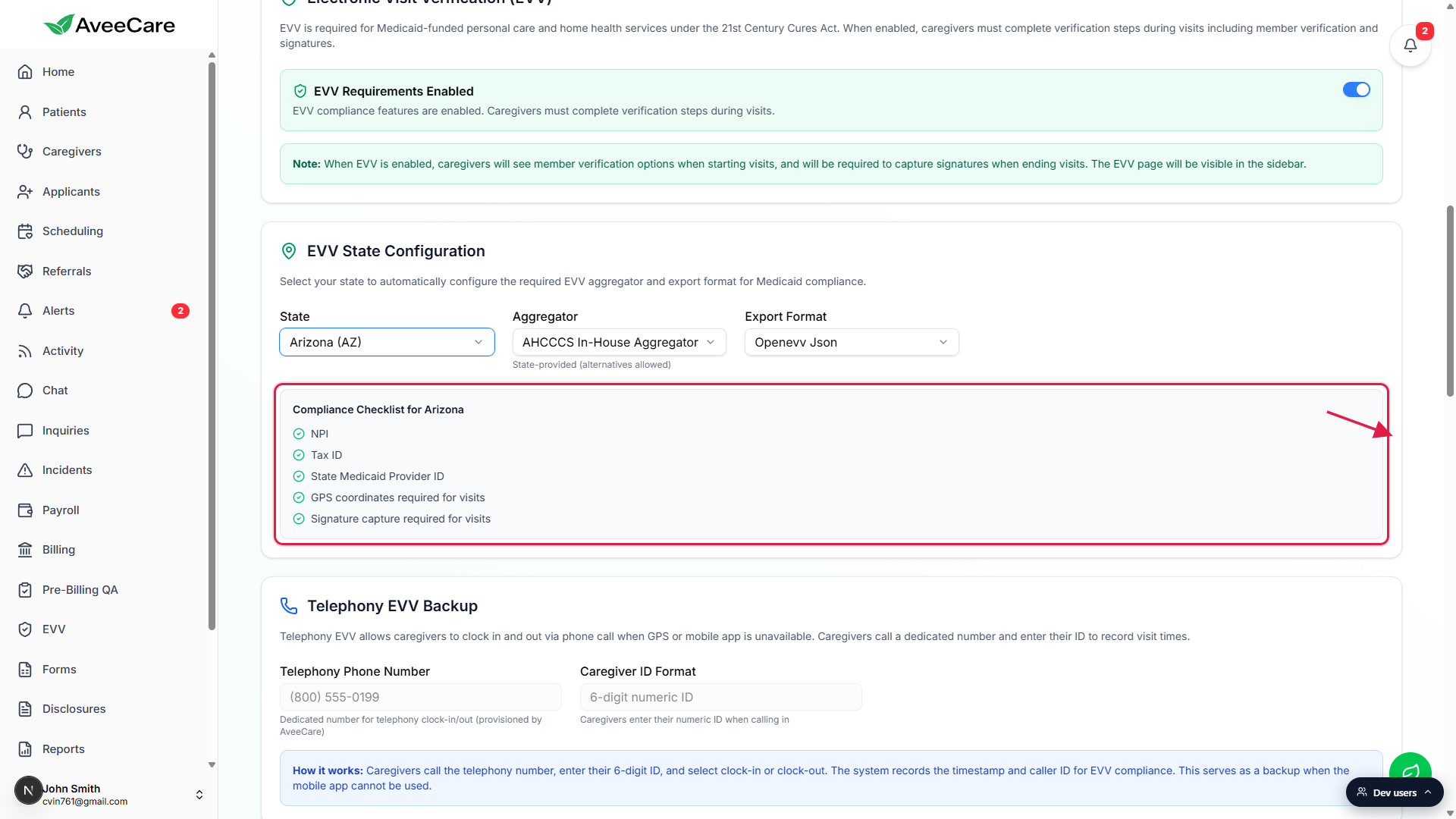 Compliance Checklist for Arizona panel inside the EVV State Configuration card, called out with a red box and arrow. Rows show NPI, Tax ID, State Medicaid Provider ID, GPS coordinates required for visits, and Signature capture required for visits, each with a check or alert icon.