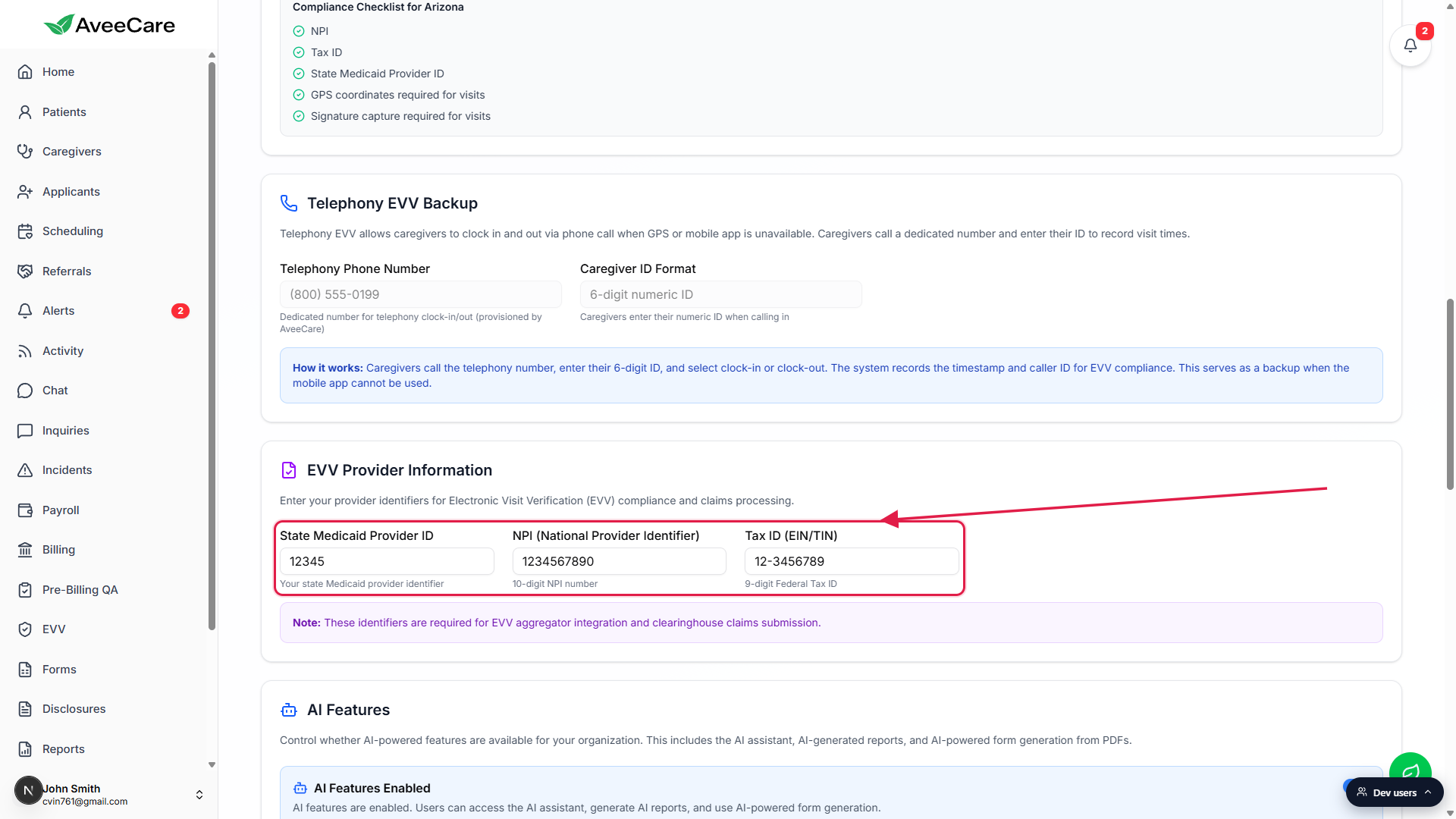 EVV Provider Information section on the Business Settings tab, called out with a red box and arrow. Three fields are visible: State Medicaid Provider ID, NPI (National Provider Identifier), and Tax ID (EIN/TIN), with a purple Note card below explaining these are required for aggregator integration and clearinghouse claims.