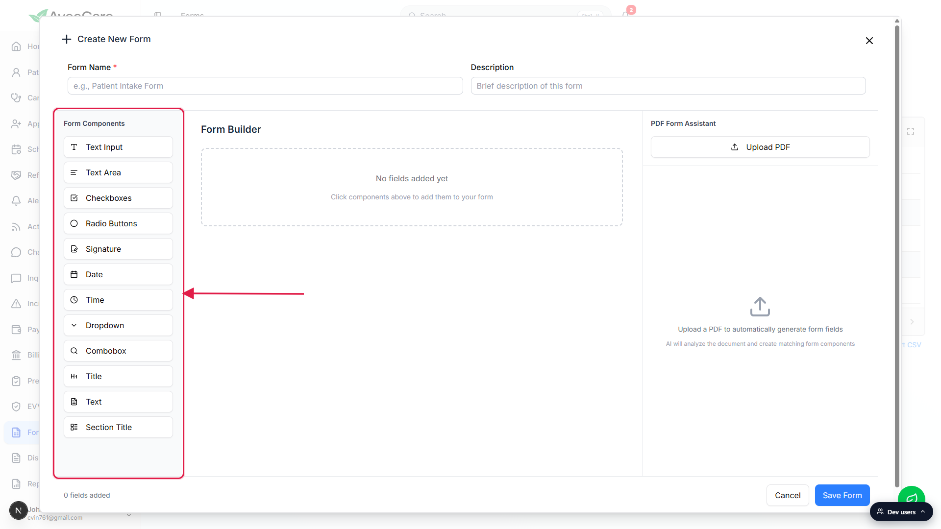 Create New Form modal with the Form Components palette on the left called out with a red box, plus an empty Form Builder canvas in the middle and the PDF Form Assistant on the right