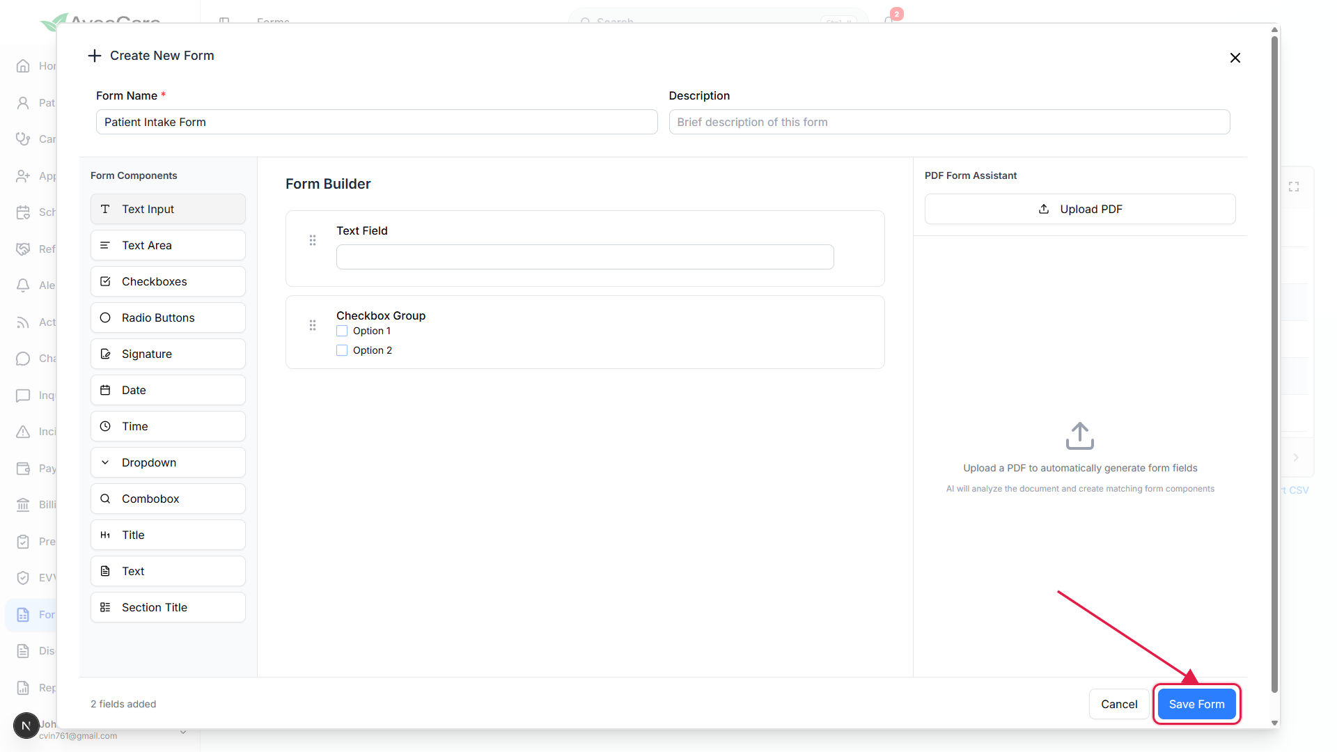 Bottom action bar of the Create New Form modal with the Save Form button on the right called out with a red box, sitting next to the Cancel button and the 2 fields added counter on the left
