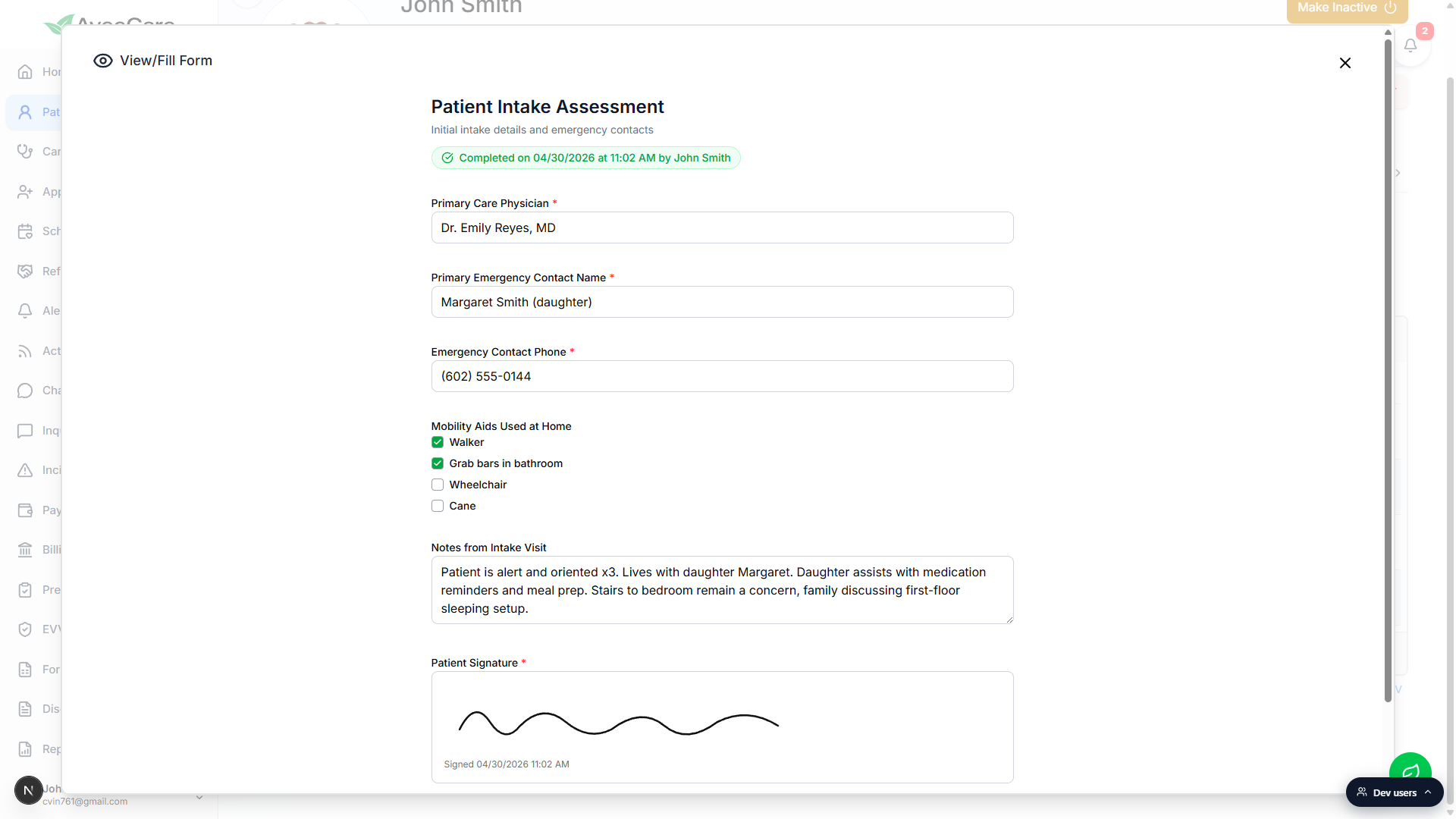 View/Fill Form full-screen modal showing a completed Patient Intake Assessment with filled-in text inputs, checkboxes, a notes textarea, and an inline signature
