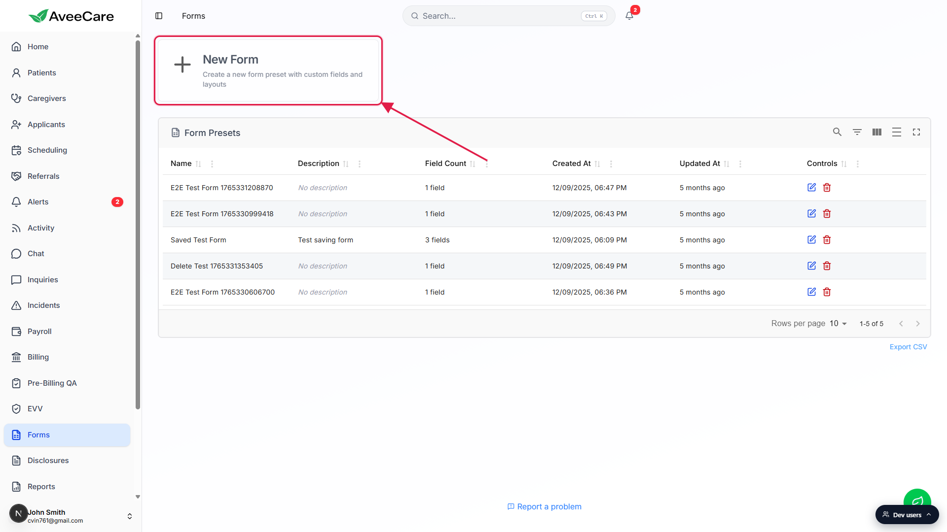 Forms page on localhost showing the New Form tile called out with a red box at the top of the page and the Form Presets table beneath it