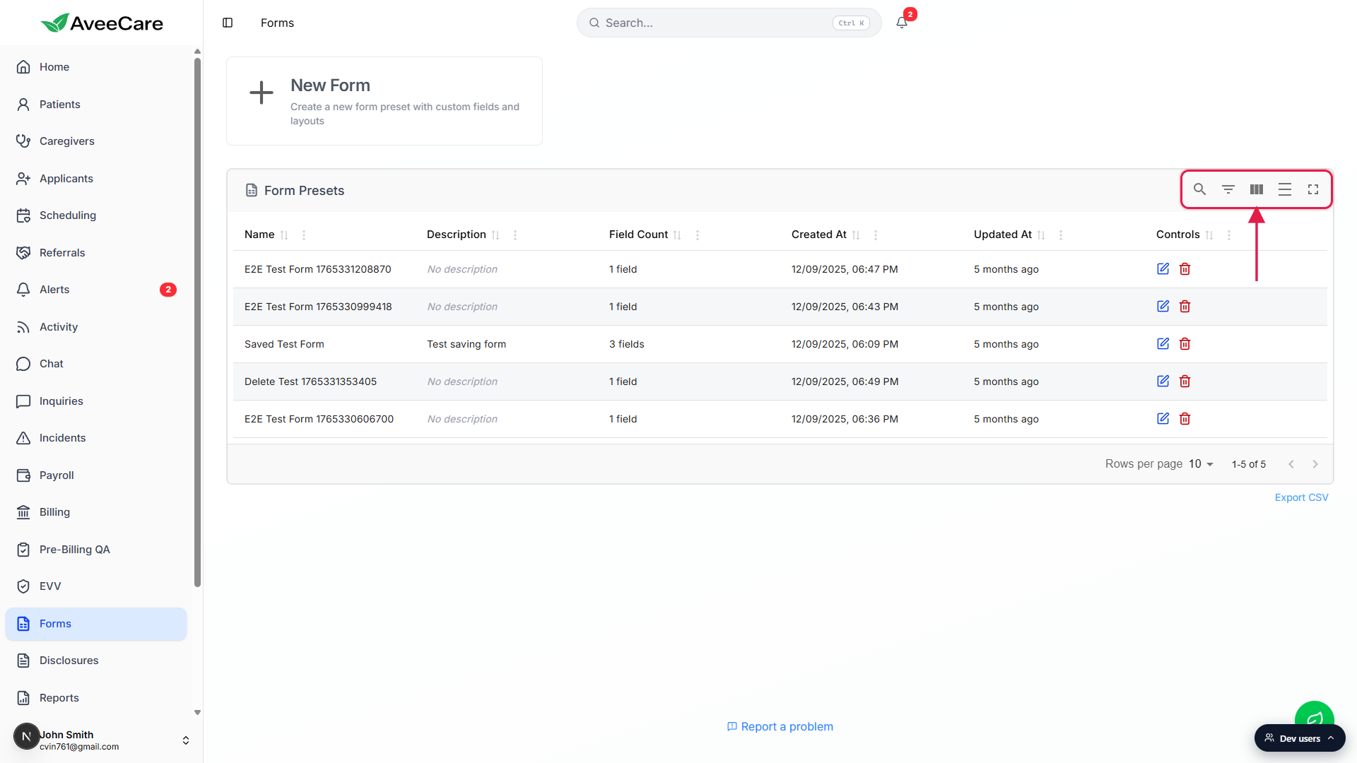 Form Presets toolbar called out with a red box, showing the search, filter, columns, density, and full-screen icon buttons on the right side of the table title bar