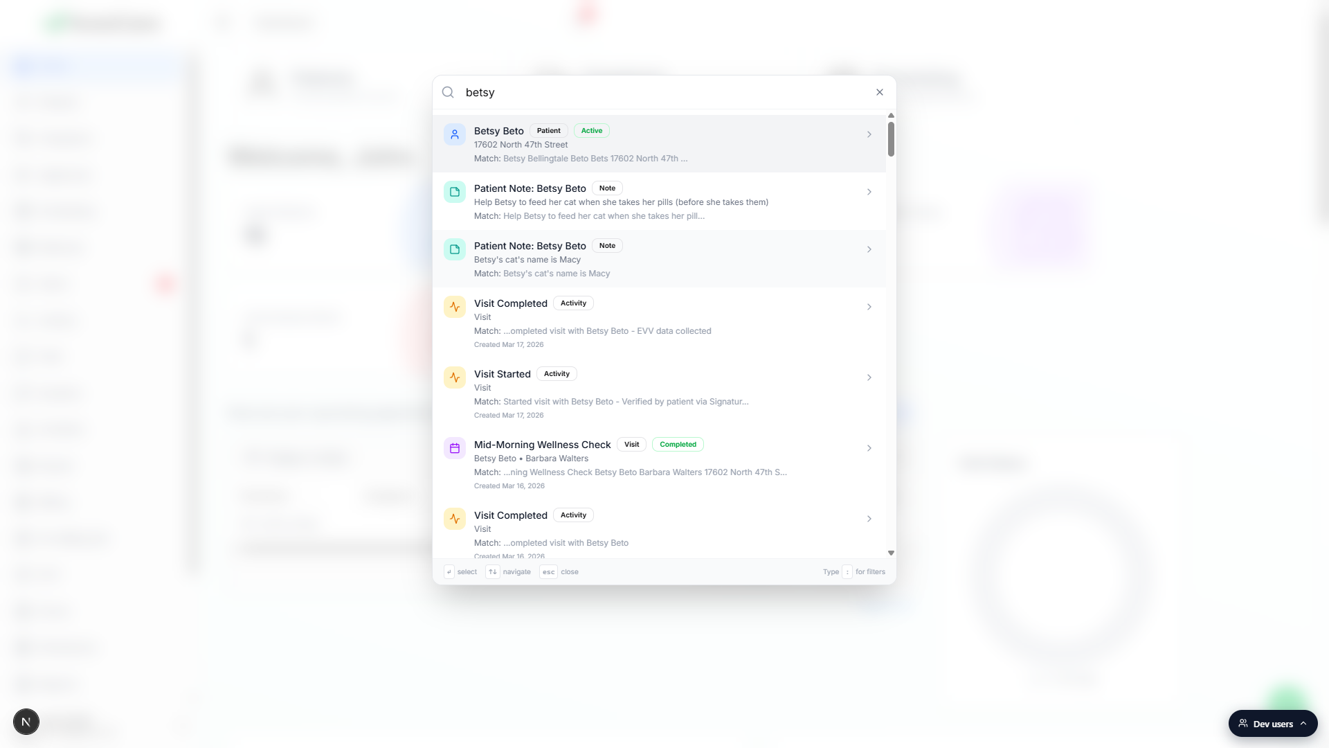 Global search modal with the query betsy typed in, showing grouped results across Patient, Patient Note, Visit Completed, and Mid-Morning Wellness Check rows with type badges and Match excerpts
