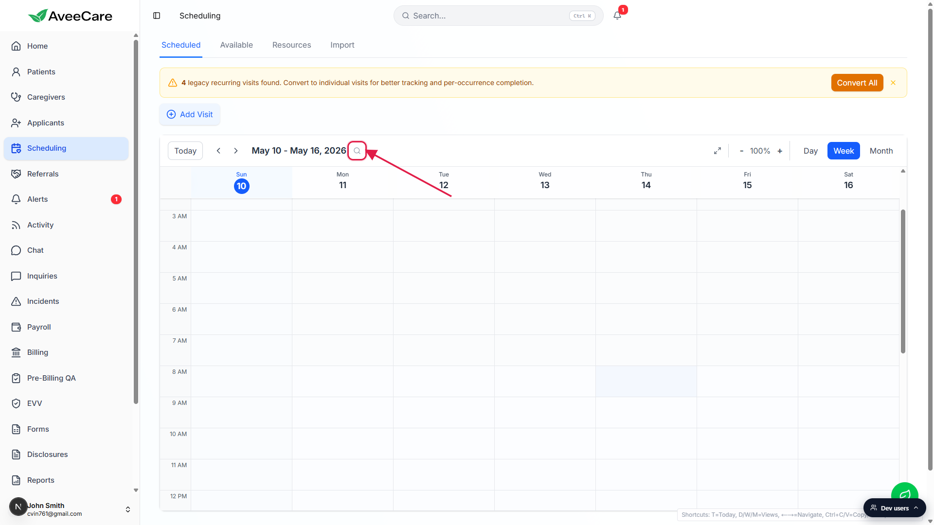 Scheduling page calendar header with the magnifying glass icon next to the date range, called out with a red box