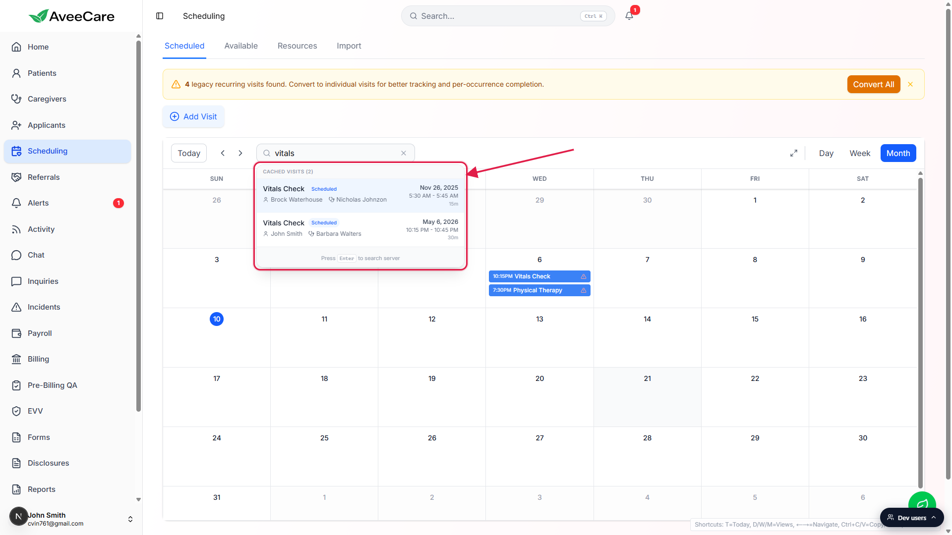 Search visits dropdown showing two Vitals Check results with patient names, dates, and times, called out with a red box
