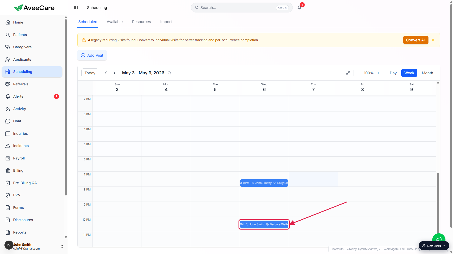 Scheduling Week view jumped to May 3 - May 9, 2026 with the selected Vitals Check visit at 10 PM Wednesday, called out with a red box