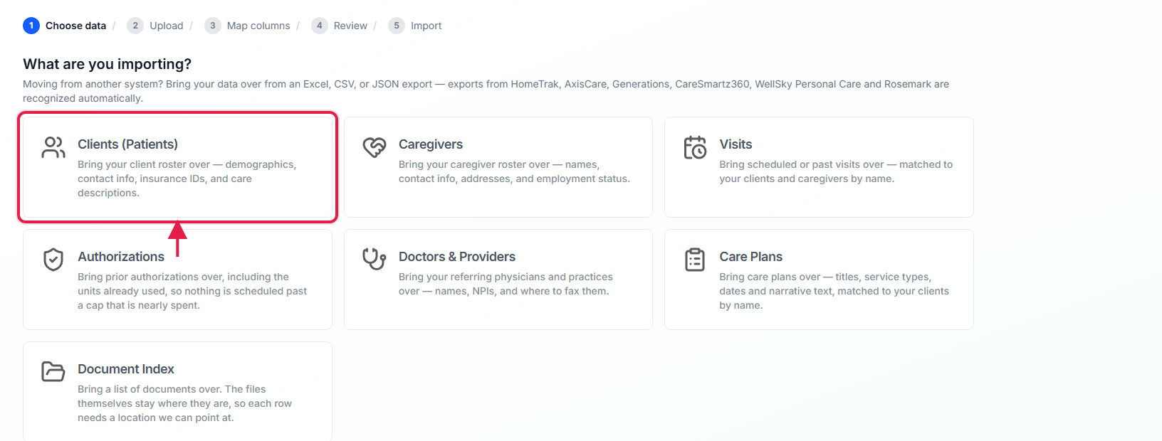 What are you importing screen with the Clients (Patients) card outlined in red among the seven import targets