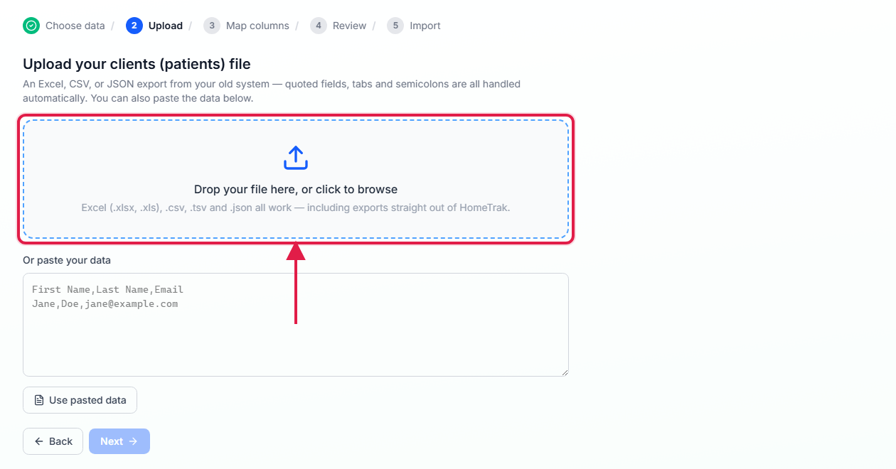 Upload step of the AveeCare import wizard with the drag-and-drop file box outlined in red
