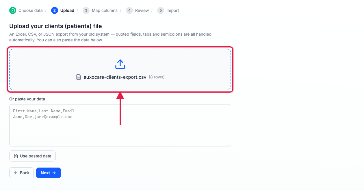 Upload step showing the loaded file name and row count outlined in red