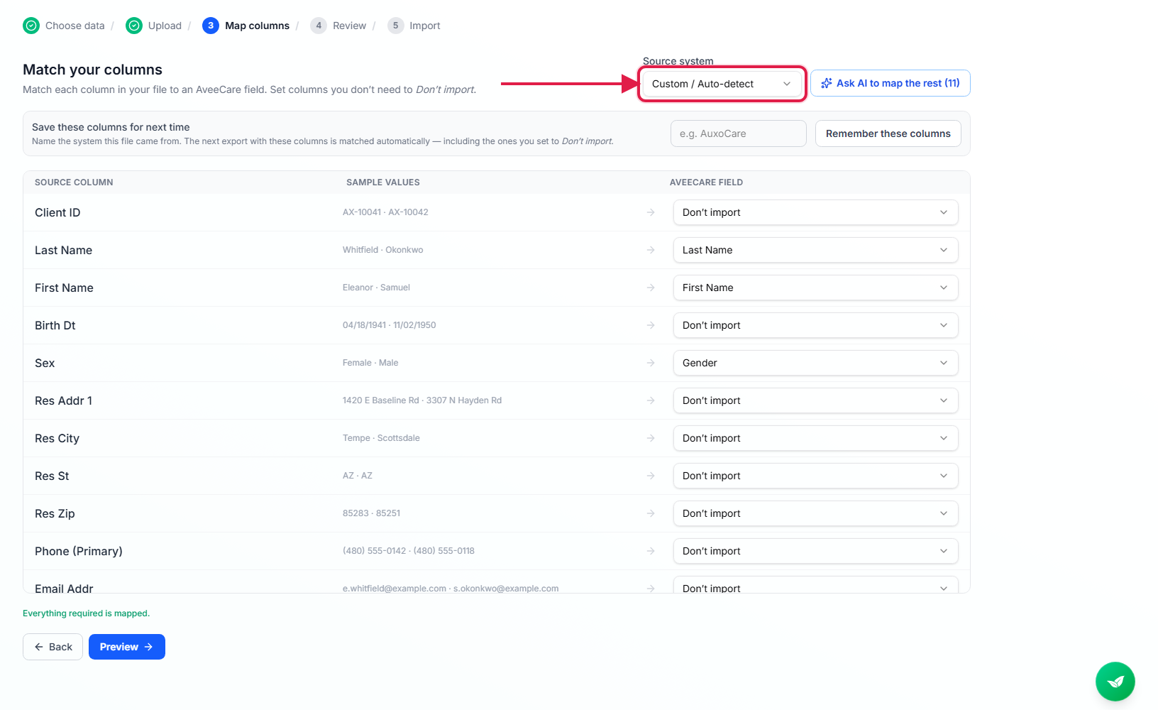 Match your columns step with the Source system dropdown outlined in red and a mixture of matched fields and Do not import rows below