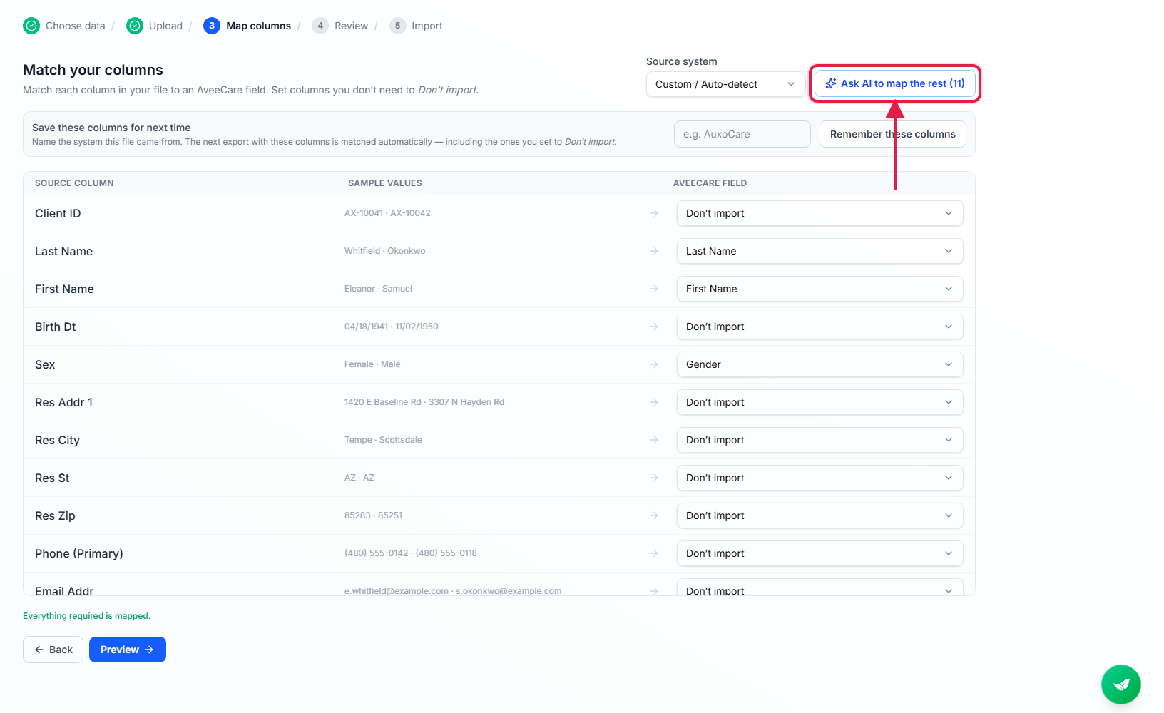 Match your columns step with the Ask AI to map the rest button outlined in red, showing eleven unmatched columns