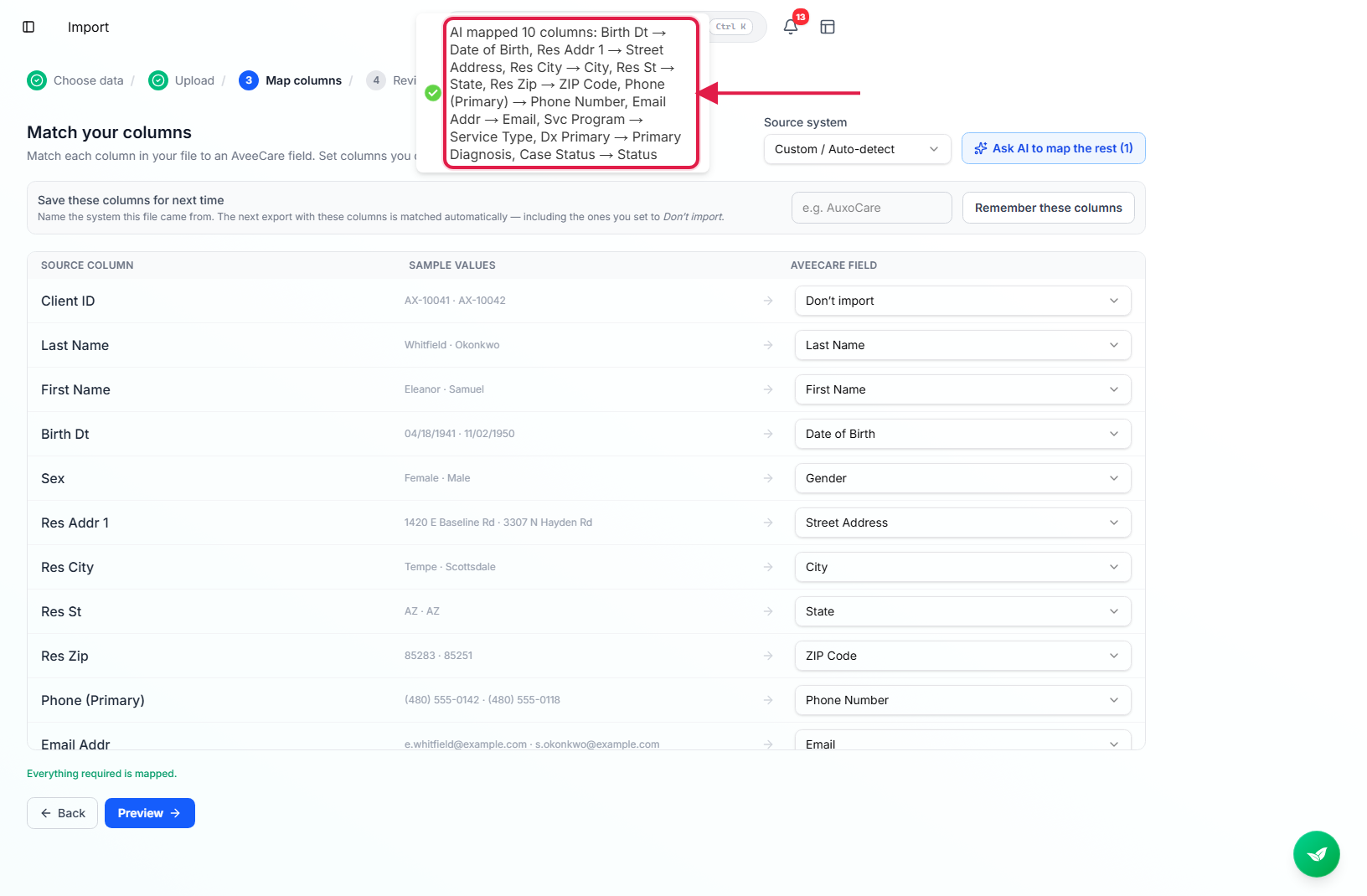Match your columns step after using Ask AI, with the summary line naming each column that was mapped outlined in red