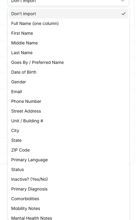 AveeCare field dropdown open on a mapping row, listing Full Name, First Name, Last Name, Date of Birth and the other client fields