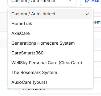 Source system dropdown open showing Custom / Auto-detect, HomeTrak, AxisCare, Generations Homecare System, CareSmartz360, WellSky Personal Care, The Rosemark System and a saved AuxoCare (yours) mapping